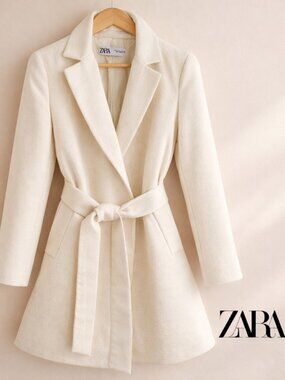 ZARA Ivory Textured Belted Wrap Trench Coat | Quiet Luxury Office Minimalist M